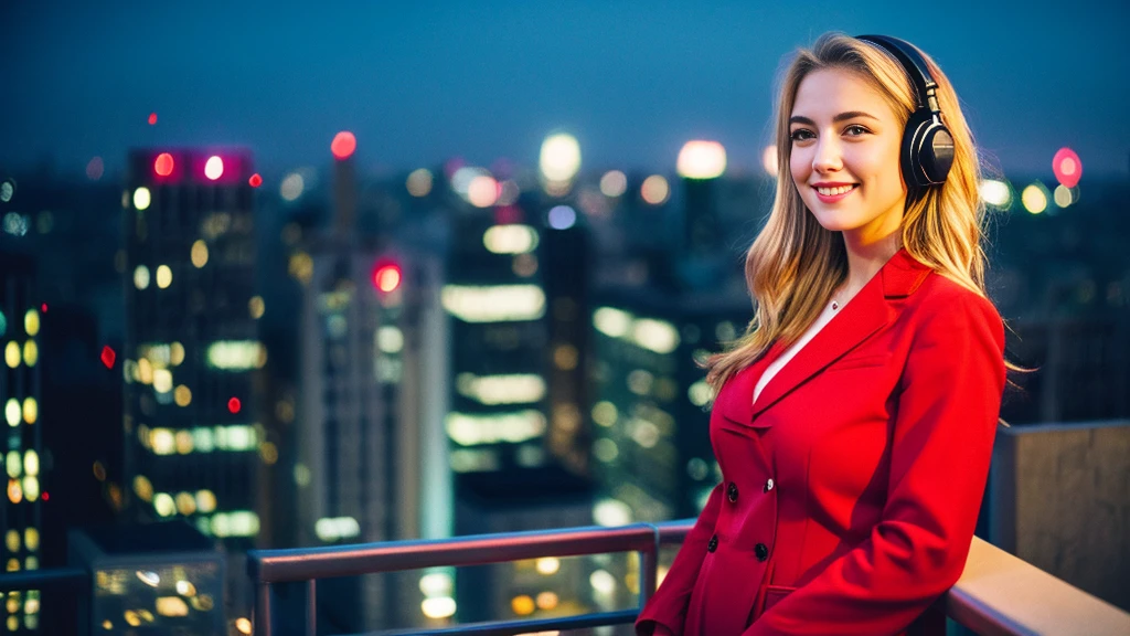 Beautiful blonde with big breasts in a red suit (Big city at night、Rooftop、Sparkling scenery),Wearing headphones,Very detailed, 21 years old, Innocent face, Naturally Wavy Hair, blue eyes, High resolution, masterpiece, Highest quality, Intricate details, Very detailed, Clear focus, Delicate skin, practical skin texture, texture, Delicate eyes, Professional, 4K, Cute Smile, Shot with Canon, 85mm, Shallow and deep,  Kodak Vision Color, Exactly, Very detailed, photograph_\(Extremist\), photographpractical, practical, Post-processing, Maximum details, Roughness, Real Life, Extremist practical, Photorealism, photographgraphy, 8K Ultra HD, photographgraphy