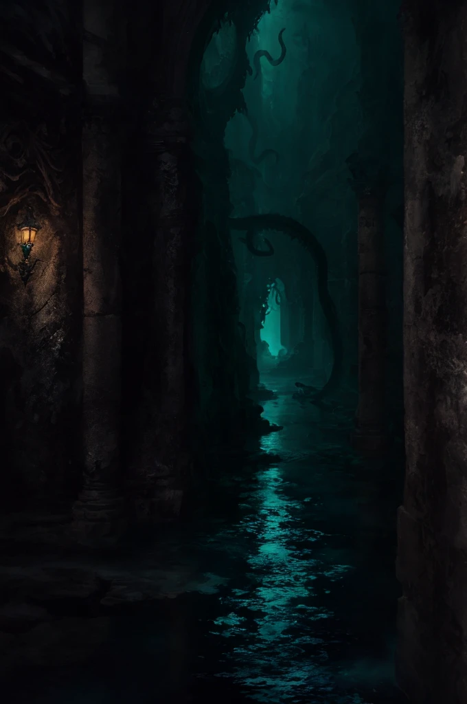 Cthulhu, mythical creature, tentacles, deep sea, darkness, mysterious, ancient, ruins, mystical symbols, mysterious glow, underwater palace,illustration,oil painting,highres,masterpiece:1.2,ultra-detailed, HDR,studio lighting,extreme detail description,professional,horror,realistic,vivid colors,deep blue tones, mysterious lighting