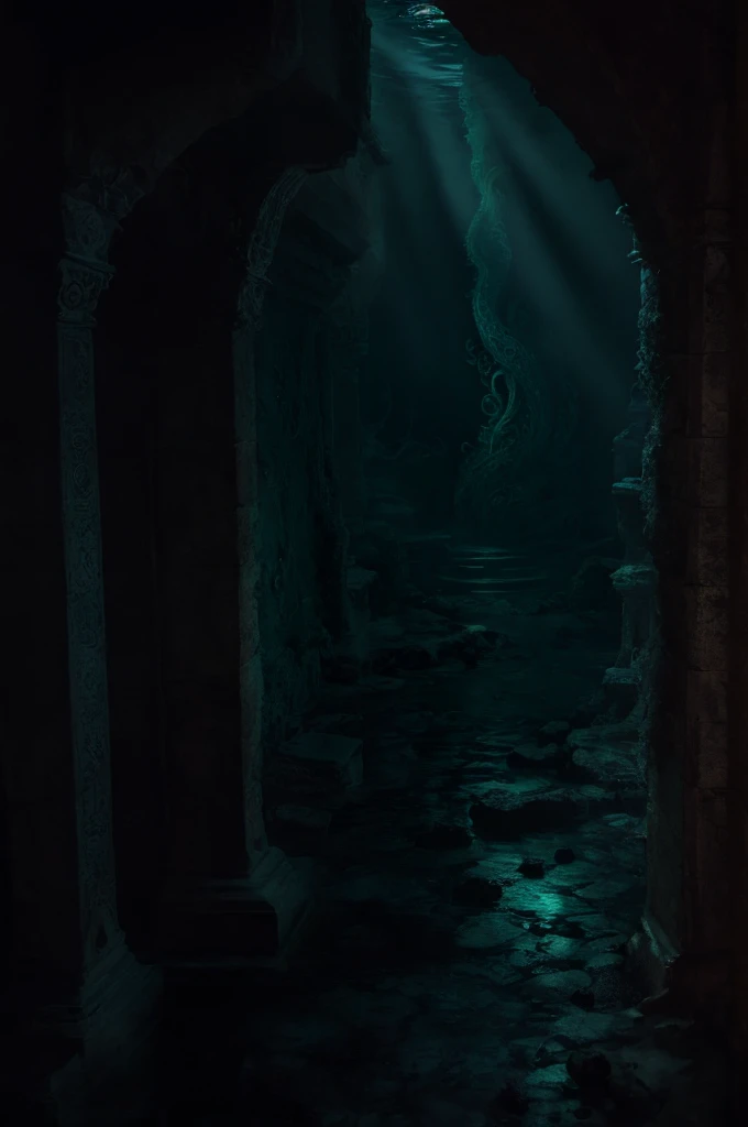 Cthulhu, mythical creature, tentacles, deep sea, darkness, mysterious, ancient, ruins, mystical symbols, mysterious glow, underwater palace,illustration,oil painting,highres,masterpiece:1.2,ultra-detailed, HDR,studio lighting,extreme detail description,professional,horror,realistic,vivid colors,deep blue tones, mysterious lighting