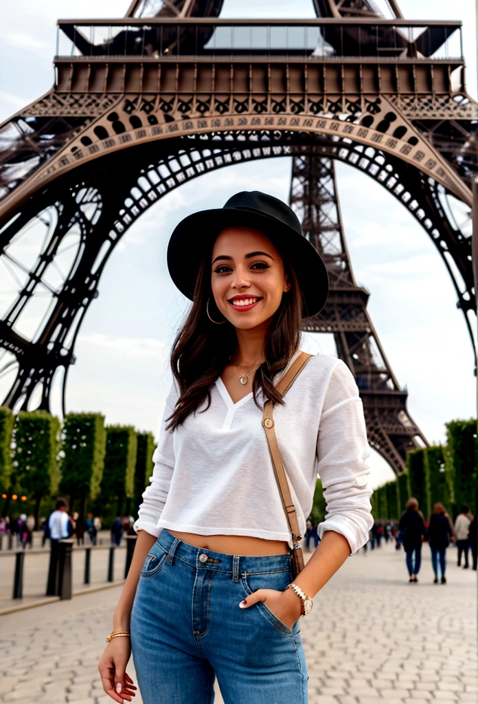femme, souriante, beau sourire, photo a la tour eiffel, casual outfit
