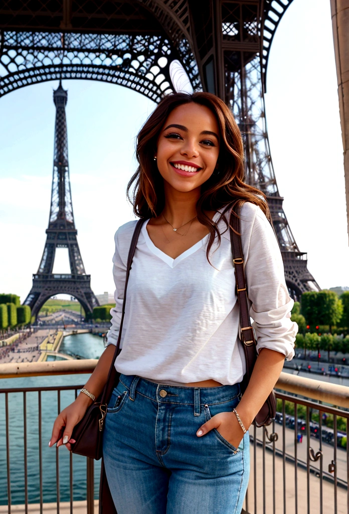 femme, souriante, beau sourire, photo a la tour eiffel, casual outfit