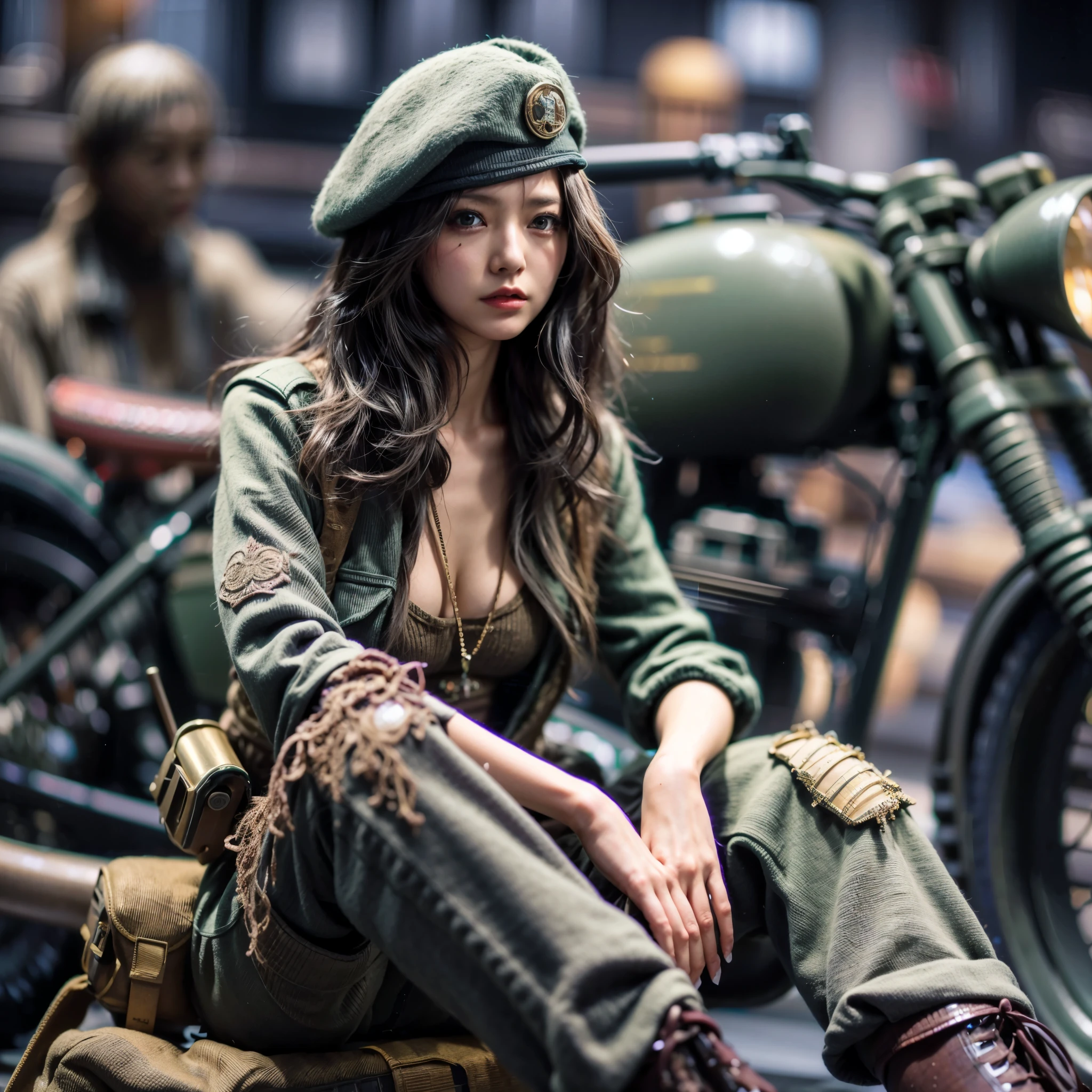 Dystopian night scene, very intricate details, Japanese woman wearing model-like armor, beautiful face, legs, cylinders that look like muscles, pose in motion, 8k, ultra high resolution, super realism, realistic photo, taken with Fuji film X-T30.+Nokton. HDR10