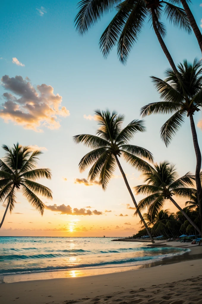 An idyllic beach scene with turquoise waters gently lapping against white sandy shores. Palm trees sway in the gentle breeze, and a vibrant sunset casts a warm glow over the horizon.