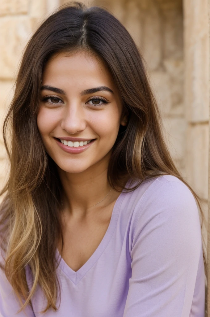 24YO,one attractive Jordanian women, purple shirt, cute smile, cute face, white teethes, skinny face, light brown eyes, small nose, black/blonde long hair