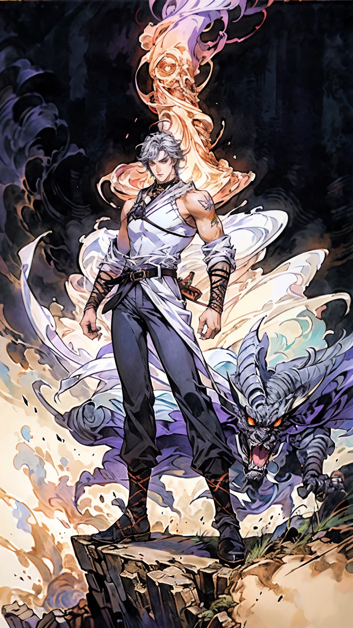 A young man with short gray hair, completely white skin, pale skin, resolute eyes, handsome face, serious expression, a metal collar around his neck, his upper body is bare, a slender yet muscular build, a purple demon tattoo is on his left shoulder, a black and white belt, cloth trousers, emitting a purple aura, he stands in a mining valley, the ground around him glowing red and cracking open, this character embodies a finely crafted fantasy-style slave warrior in anime style, exquisite and mature manga art style, dramatic, high definition, best quality, highres, ultra-detailed, ultra-fine painting, extremely delicate, professional, perfect body proportions, golden ratio, anatomically correct, symmetrical face, extremely detailed eyes and face, high quality eyes, creativity, RAW photo, UHD, 32k, Natural light, cinematic lighting, masterpiece-anatomy-perfect, masterpiece:1.5