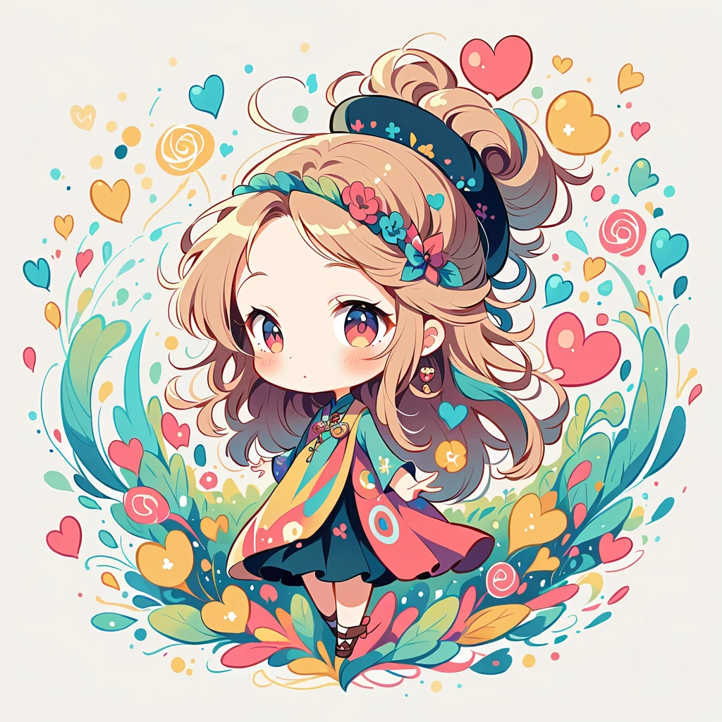 Seizo Watase style, Simple Line Initialism,Abstract art,Urban Background, colorful hearts ,(((The most beautiful girl of all time))), (((chibi))),