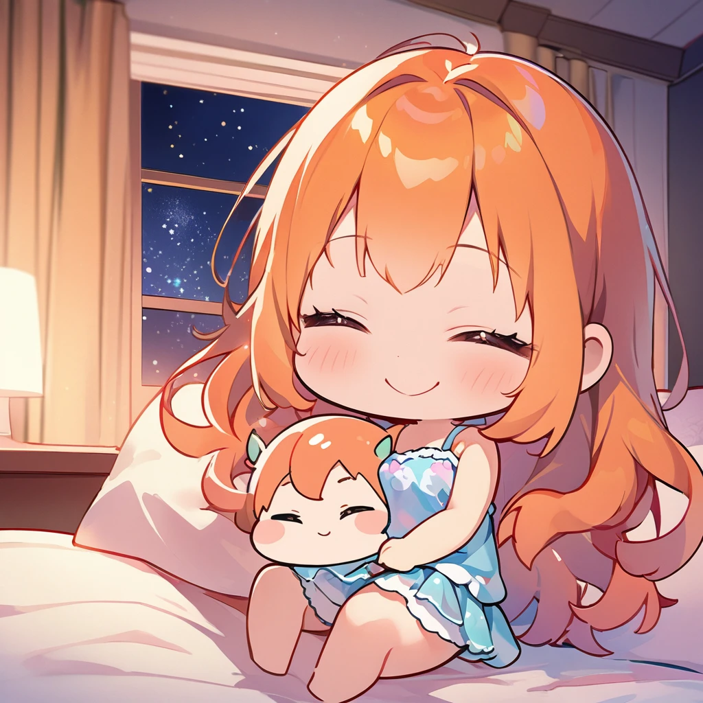 masterpiece、Highest quality、Depth of subject、2D illustration、1 beautiful girl、solo, (((chibi style)))、cute chibi, lovely chibi, ((night)), ((window)), ((starry sky)), Long, beautiful hair、Shiny orange hair、cute、Beautifully detailed eyes、((mini skirt))、((colorful))、Camisole dress、((happy smile))、sleeping on bed, ((close up shot))、((Asleep in bed)), ((in the room))、((There's a lot of pink around))、((closed eyes))、Thighs、((vivid color))、sparkle、((Lens flare))、
