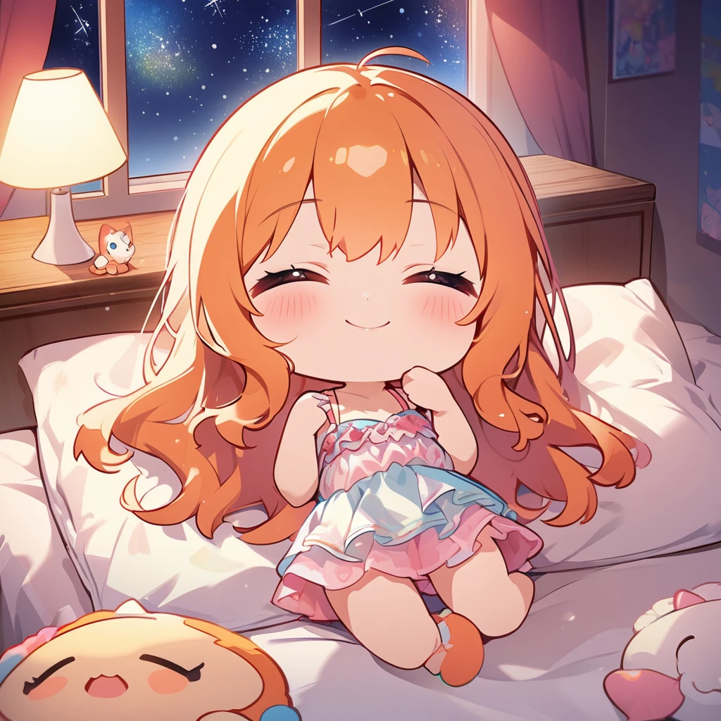 masterpiece、Highest quality、Depth of subject、2D illustration、1 beautiful girl、solo, (((chibi style)))、cute chibi, lovely chibi, ((night)), ((window)), ((starry sky)), Long, beautiful hair、Shiny orange hair、cute、Beautifully detailed eyes、((mini skirt))、((colorful))、Camisole dress、((happy smile))、sleeping on bed, ((close up shot))、((Asleep in bed)), ((in the room))、((There's a lot of pink around))、((closed eyes))、Thighs、((vivid color))、sparkle、((Lens flare))、