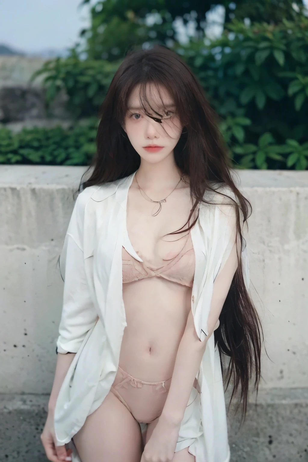 Beautiful woman with perfect body:1.4,Prominent ,Layered Hairstyle,Highly detailed face and skin textures,Double eyelids,Skin Whitening,Long hair,Whitened long legs,(Secretarial suit,necklace),Standing by the sea,Half-length photo