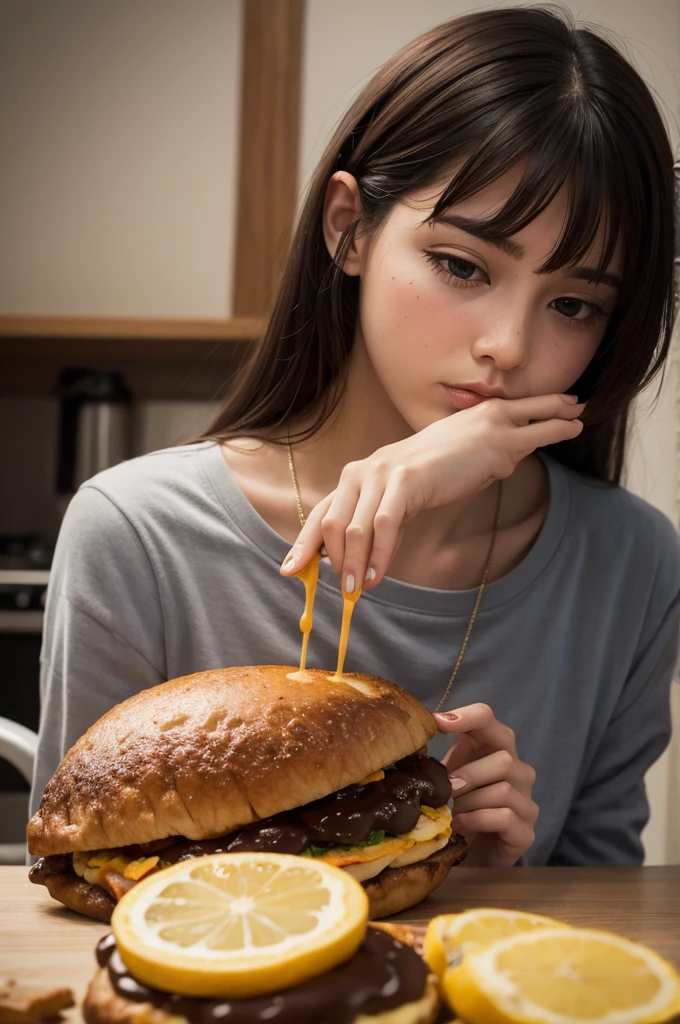 arafed girl holding a hamburger in front of a shelf of hamburgers, super realistic food picture, realistic anime 3 d style, eating burgers, realistic anime artstyle, realistic art style, anime food, girl in real life, realistic, serving burgers, realistic young girl, eating a burger, photorealistic girl ,