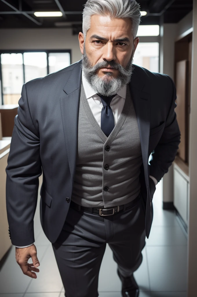 Adult Latino man, 50 years old, with distinct facial features, gray hair, lumberjack beard, fair and penetrating skin. Stylish office suit, full body, intricate details, sharp focus, dramatic, photorealistic, Highly detailed and epic, masterpiece quality, best representation of realism, 8k Ultra High Definition, detailed skin texture, soft lighting, film grain , DSLR photography.