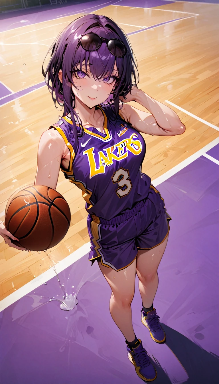 (best quality,ultra-detailed), portraits, (lakers yellow basketball sleeveless uniform:1.4), wet with sweat,basketball court, (See-through:0.9), (full body:1.4), Kafka play basketball in the sports court, 1 girl, solo, best quality, look at viewer