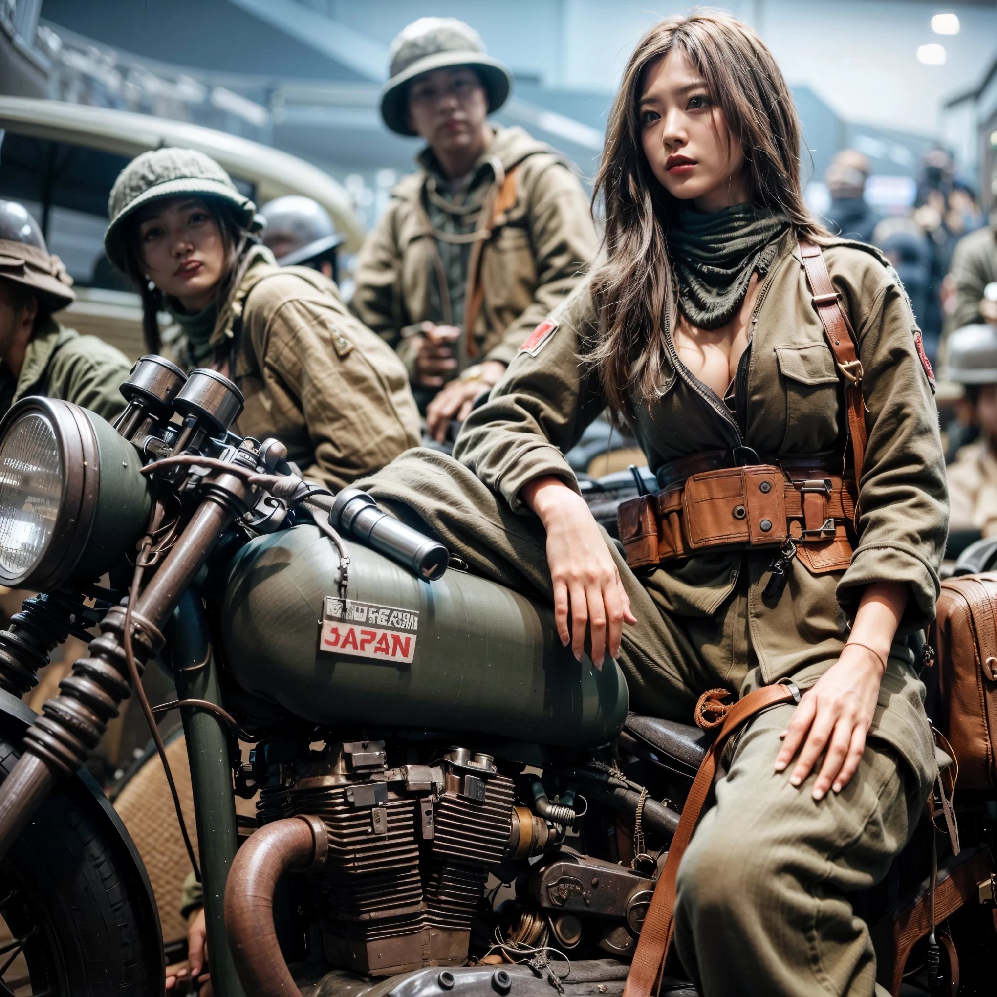 Dystopian night scene, very intricate details, Japanese woman wearing model-like armor, beautiful face, legs, cylinders that look like muscles, pose in motion, 8k, ultra high resolution, super realism, realistic photo, taken with Fuji film X-T30.+Nokton. HDR10