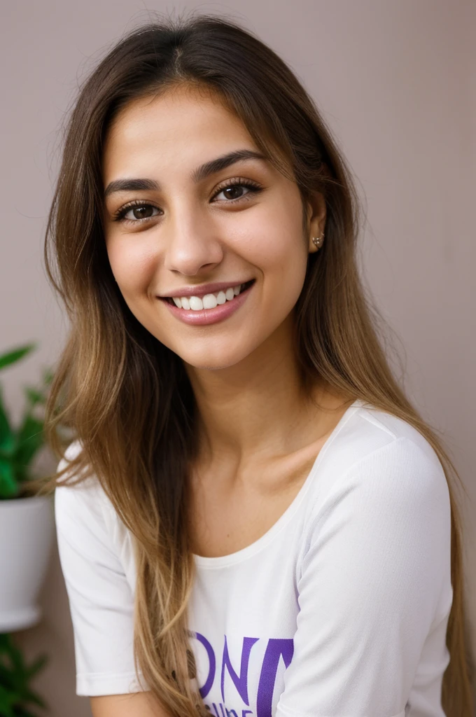 24YO,one attractive Jordanian women, purple shirt, cute smile, cute face, white teethes, skinny face, light brown eyes, small nose, black/blonde long hair