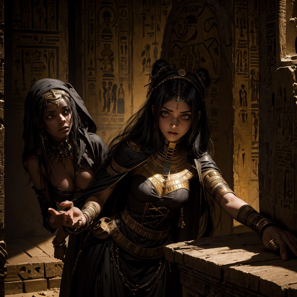 A dark gothic girl is chased by an Egyptian mummy inside an Egyptian tomb with some hieroglyphics on the walls, the dark gothic girl has a scared expression and seems to ask for help towards the camera