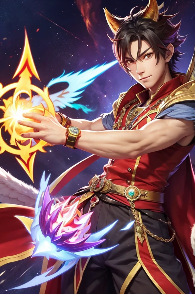 Draw a handsome boy who has a fire drop from Puzzle and Dragons