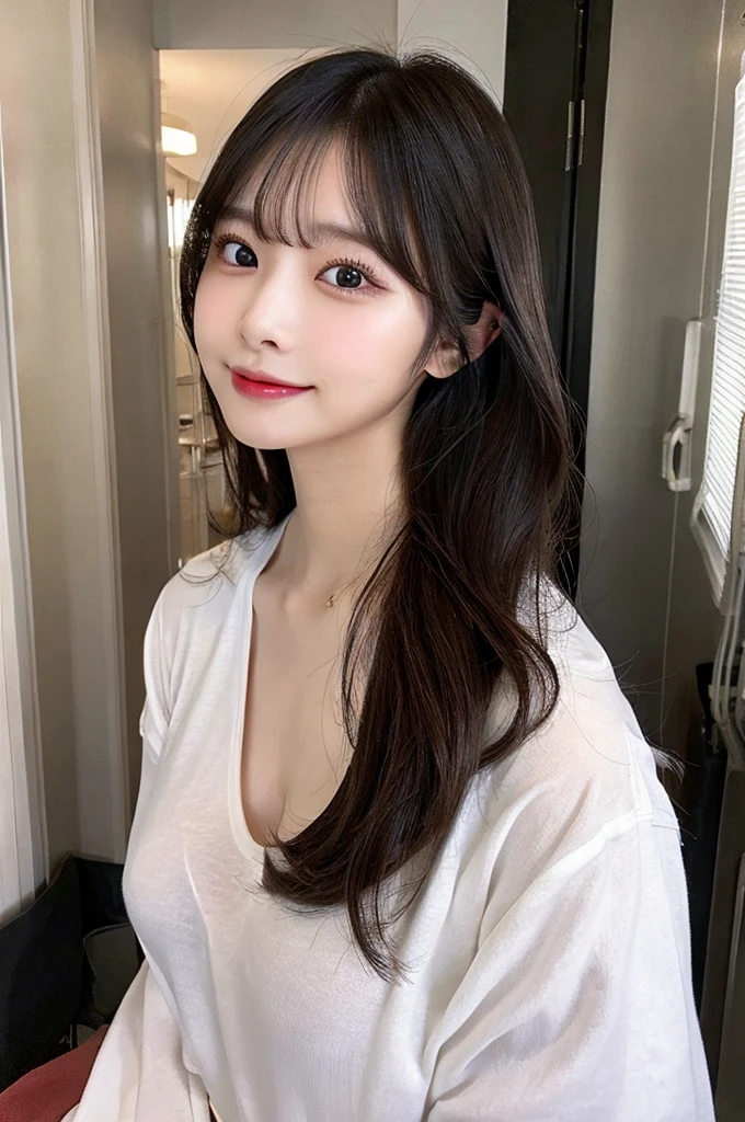 、Big Tits、double eyelid、Highest quality, shape, Very detailed, Fine details, High resolution, 8k, Perfect dynamic composition, Beautiful details, ,Natural color lip, A shy smile,Beautiful 20 year old woman、The only person, Correct posture、Cute type、Looking into the camera、Long Black Hair、Wear a large white shirt over your naked body、bedroom