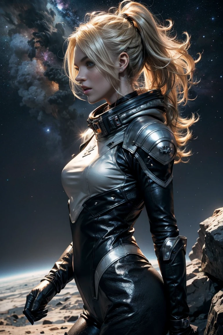 Horny sexy Blonde woman space ranger, full body shot head to toe, exploring a dry rocky almost barren ice planet, running 3/4 profile left, holding a long barrol multishot space hunting rifle, ultra blonde white hair, wavy hair, curly hair, sexy hair, large breasts, wearing ultra dusty wornout clothing, convertable helmet visor down showing ultra beautiful mezmerising face, she is wearing a dry dusting looking leather retro hunting outfit consisting of long brown overcoat leather space ranger form fitting body suit and small amounts of future clothing and space tech, action pose hunting, 36k resolution ultra hyper detailed image, photo-realistic, dehaze, dark of night hunting a nocturnal elusive alien carnivorous animal.,space_girl,Explosive dust