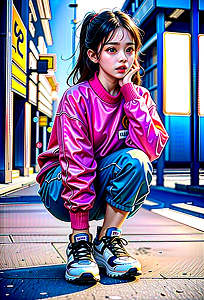 Best quality，masterpiece，16k，A girl，Wear sportswear，Squat on the street，