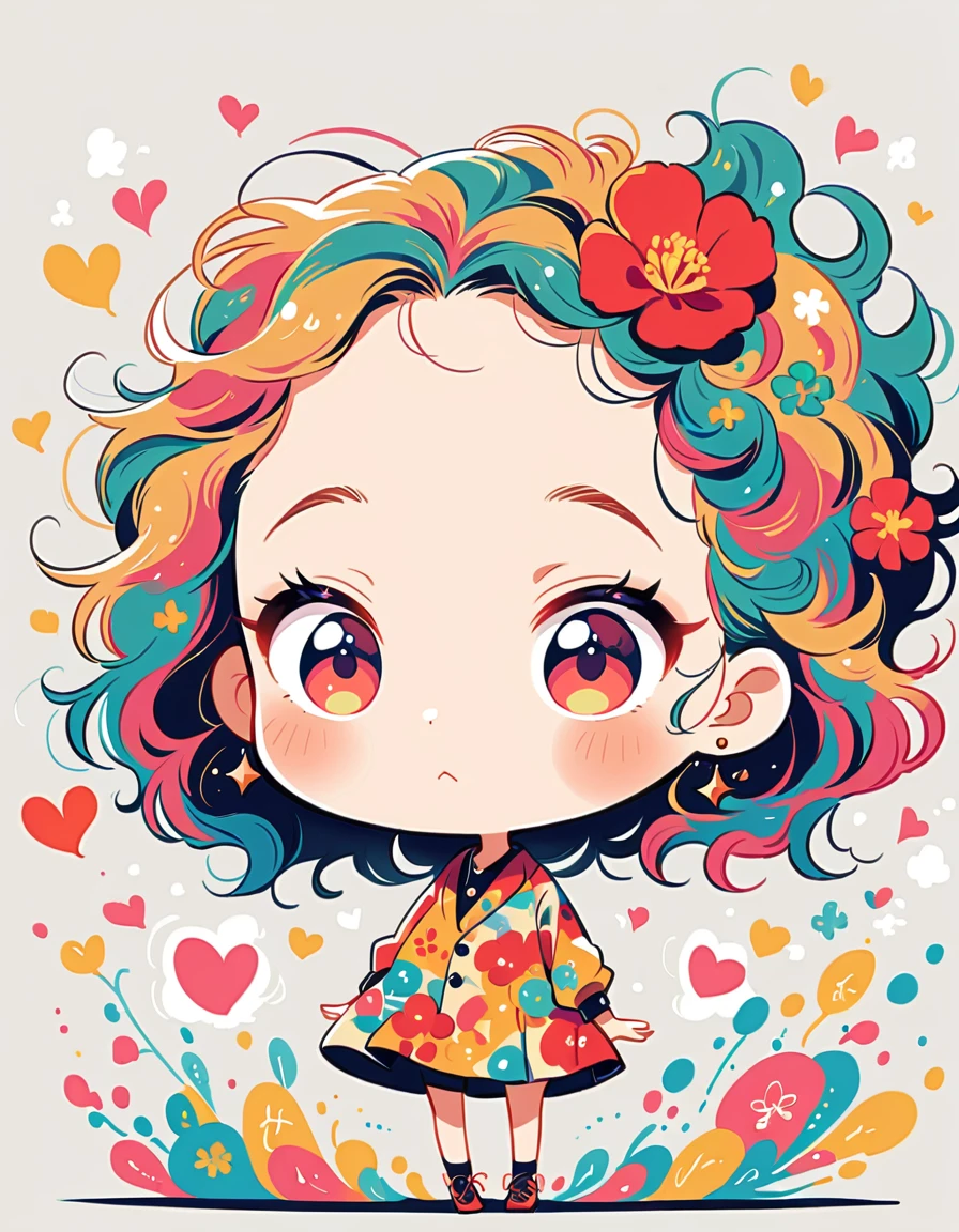 Takashi Murakami style, Simple Line Initialism，Abstract art，Urban Background, colorful hearts ,(((The most beautiful girl of all time))), (((chibi))), 