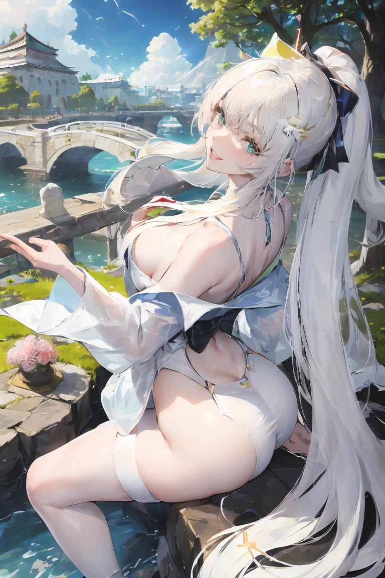 Official Art, masterpiece, Clear focus, (beautiful, Beautiful and lovely Korean woman:1.3), (Beautiful and cute Korean:1.3), Korean beauty, 精致beautiful头发、Eyes and face, Practical, Extremely detailed, beautiful女孩, Blue sky, Glowing white particles, (Side Light:1.2), Sunlight, White Cloud, Detailed clouds, Slim, Such a cute big ass, Smile with teeth bared, ((Smile with your eyes, Open your eyes)), landscape, Long straight hair, Sexy facial expressions, architecture, (城市landscape:1.7), Dynamic Hair, very Long straight hair, Delicate platinum-blonde hair, Green Eyes, Pink skirt, Black socks, Pale skin, Hair accessories, epic landscape,,White high heels,Nice ass,beautiful buttocks,There's nothing under the skirt.,weight loss