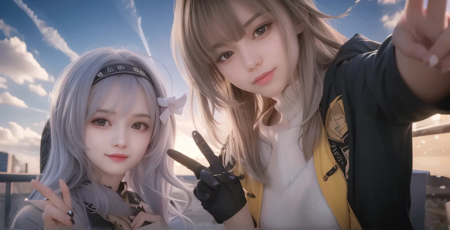 2 cute girl selfie, beautiful face, smile hapily, pale skins