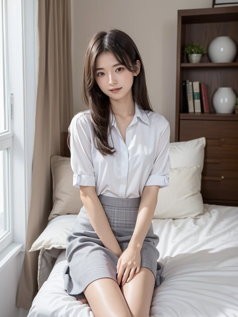 (Highest quality、masterpiece:1.9)、((Neat and clean female college student、1 person))、Soft lighting by a professional photographer、Natural light、((Very spacious white luxurious room:1.6))、((Bright white room:1.6))、(Sitting on a very luxurious white bed:1.2)、(White Bookcase:1.1)、Natural soft light、((Brown Hair:1.1))、Fair skin、Detailed Eyes、double eyelid、Slightly puffy cheeks、((Small Face:1.0))、((Grey check dress shirt、White mini skirt、Please wear it with the chest open.:1.2))、(smile)、((Girly pose 1.8))、High resolution,、((Long Hair:1.2))、((Full Body Shot:1.2))、Live-action image quality、((Height: 150cm))、Hands in front、Hide your hands between your legs、