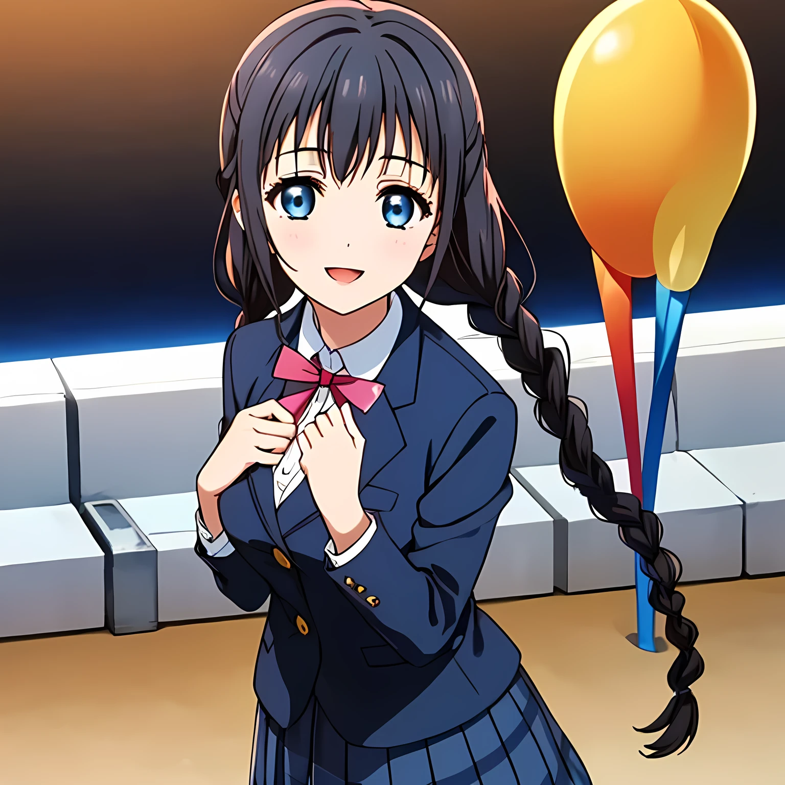(highest quality, masterpiece:1.2), highest quality, High resolution, 1080p, 8K, Height: 158cm, ((High-definition game CG)), ((Like a beautiful girl dreaming of a game heroine、A very intelligent, very noble, pretty and pure beautiful girl.、With the best smile、Looking at the audience、Hands over their mouths)), A face that everyone loves, Glossy lips, Even bangs, ((Very beautiful blue eyes)), The very large red shiny wide ribbon bowtie is very cute., ((Black Hair)), ((long twin braids)), (((A long, neat, dark navy blue checked pleated skirt))), (((Dark blue winter long sleeve blazer))), How to wear a neat uniform, Extremely lustrous, shiny game heroine lips, A girl with her open hand over her open mouth, like a game heroine, Ribbon in hair, Tight waist, slender, The ribbon is big and very pretty., Beautiful hair like a hair model, Long skirt, (((The background is a space dominated by succubi)))
