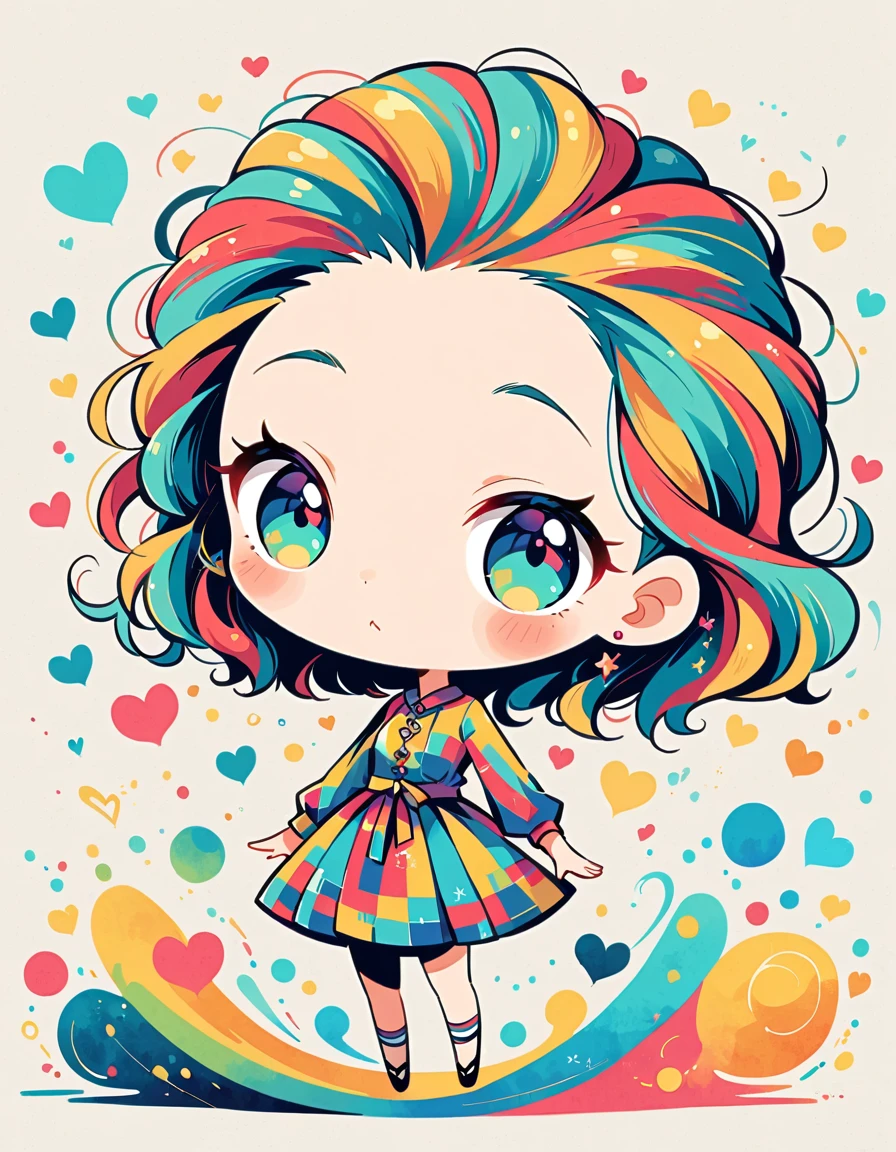 Takashi Murakami style, Simple Line Initialism，Abstract art，Urban Background, colorful hearts ,(((The most beautiful girl of all time))), (((chibi))), 