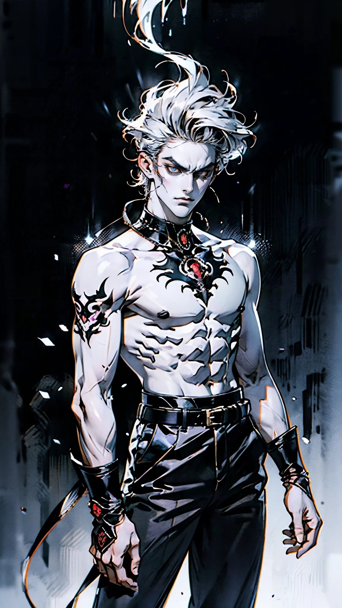 A young man with short gray hair, completely white skin, pale skin, resolute eyes, handsome face, serious expression, a metal collar around his neck, his upper body is bare, a slender yet muscular build, a purple demon tattoo is on his left shoulder, a black and white belt, cloth trousers, emitting a purple aura, he stands in a mining valley, the ground around him glowing red and cracking open, this character embodies a finely crafted fantasy-style slave warrior in anime style, exquisite and mature manga art style, dramatic, high definition, best quality, highres, ultra-detailed, ultra-fine painting, extremely delicate, professional, perfect body proportions, golden ratio, anatomically correct, symmetrical face, extremely detailed eyes and face, high quality eyes, creativity, RAW photo, UHD, 32k, Natural light, cinematic lighting, masterpiece-anatomy-perfect, masterpiece:1.5