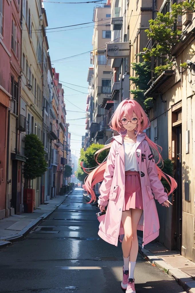 Anime girl with pink hair and glasses stands in front of a building., Best 4K Konachan Anime Wallpaper, I'll make fan art too., hints of Kazuma's daughter, Anime pictures of cute girls, anime moe art style, Kazuma's daughter, Beautiful anime high school girl, with index finger, smooth cg anime art, Haruno Sakura