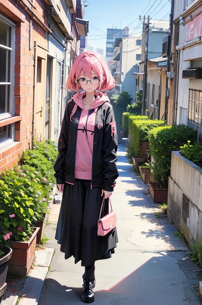 Anime girl with pink hair and glasses stands in front of a building., Best 4K Konachan Anime Wallpaper, I&#39;ll make fan art too., hints of Kazuma&#39;s daughter, Anime pictures of cute girls, anime moe art style, Kazuma&#39;s daughter, Beautiful anime high school girl, with index finger, smooth cg anime art, Haruno Sakura