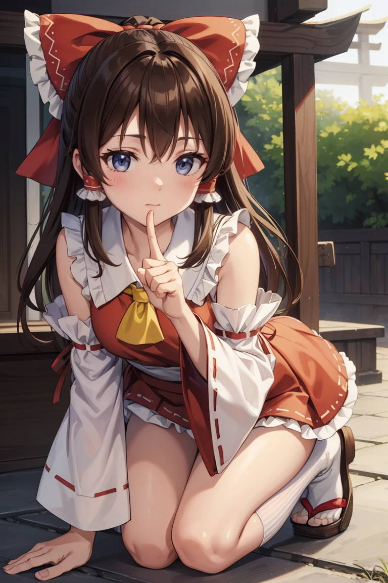 reimu hakurei, (Brown eyes:1.5), Brown Hair, bow, hair bow, Hair Tube, Long Hair, red bow, Side Lock,
Blake Ascot, Bare shoulders,Removable sleeves, embellished costume, Frills, kimono, Non-traditional Shrine Maiden, Red Skirt, Sandals, sarashi, mini skirt, socks, White sleeves, white socks, Wide sleeves, Sit on a chair、Thighs、((Panty shot、Cute Panties))、
BREAK Watch Viewers,
Outdoor rest, shrine,Cowboy Shot,Smile Break (masterpiece:1.2), Highest quality, High resolution, unity 8k wallpaper, (figure:0.8), (Beautiful attention to detail), Highly detailed face, Perfect lighting, Highly detailed CG, (Perfect hands, Perfect Anatomy),Dynamic pose,