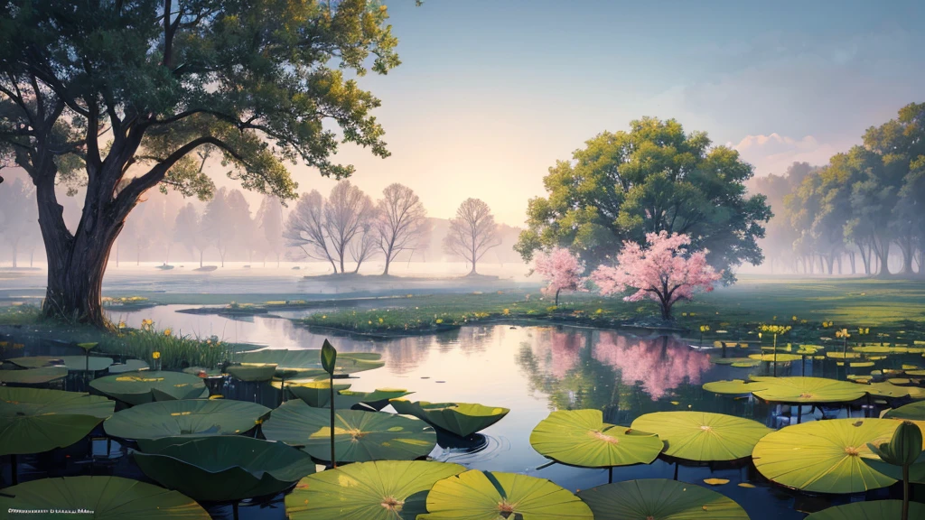 The photo depicts a peaceful scene with lotus flowers and lotus leaves on the water, perhaps a lotus pond. The air looks foggy, suggests a foggy early morning. Some pink lotus flowers are blooming, while the other flowers are still in bud form. Large green leaves float on the water, and there are reflections of flowers and leaves on the water. Rear, it looks like there is a willow tree hanging over the landscape, partly obscured by fog. This photo is interesting because it gives a feeling of peace and picturesqueness, evokes a feeling of stillness.