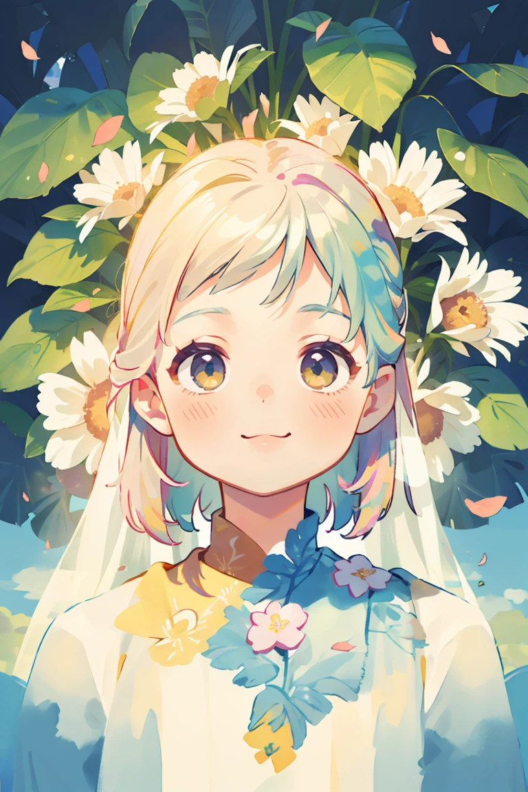 Photorealistic、A clay figure in a wedding dress stands in front of the painting、a smile、Kawaii pose、Watercolor Clay Figure、(HD Gallery)、Flowing rainbow silk、Face、Eyes up、Heart Mark、Floral Skirt、There is another flower in front of the petals below the Nendoroid.........、season!!: summer☀ 🍂、((A wonderful painting，Super multiple exposure，You can see the background through the clothes))