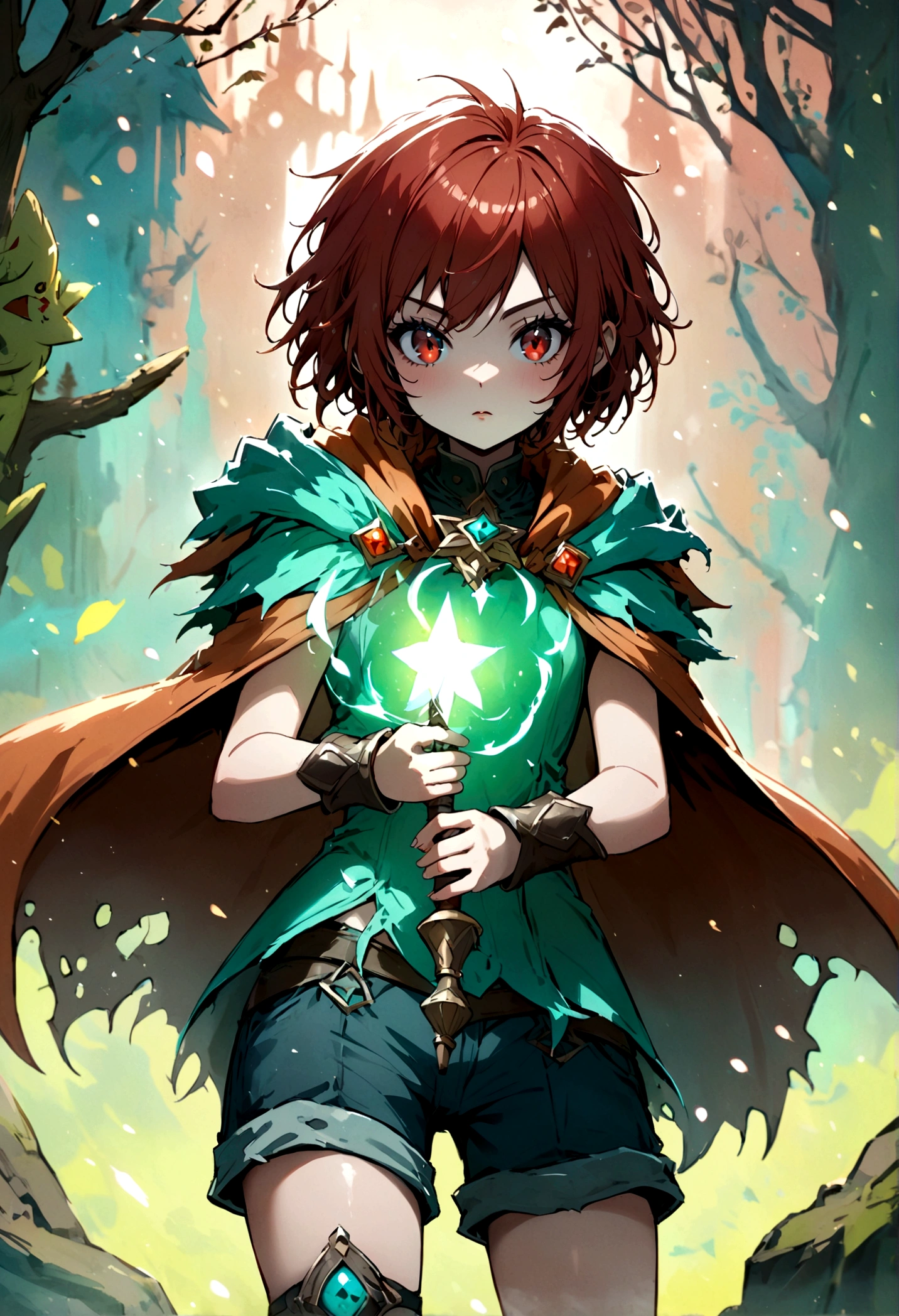 Girl, red eyes, short hair like boy, tomboi but cute and beatiful, witch, holding a long magic wand, wearing shorts, healing magician 