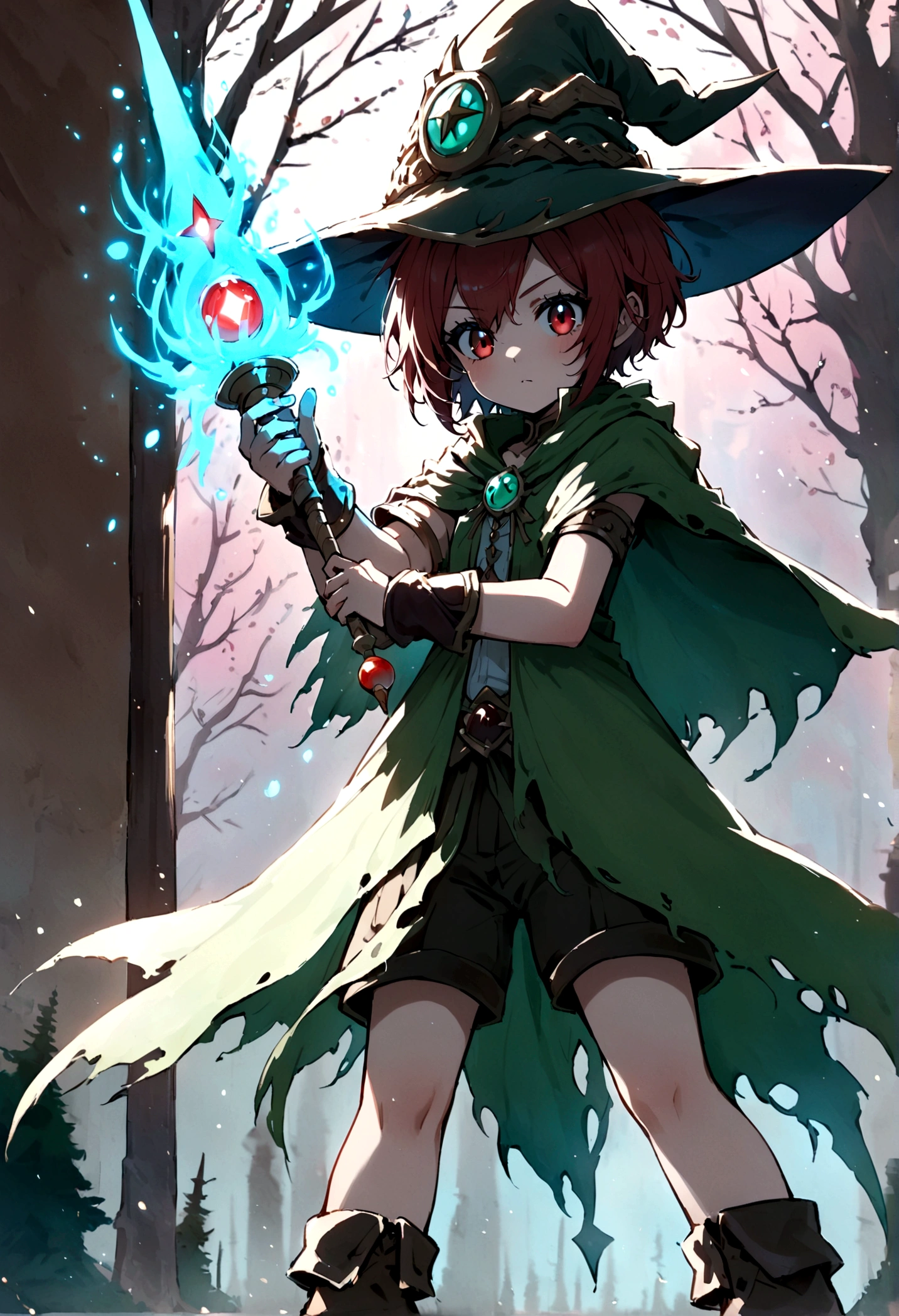Girl, red eyes, short hair like boy, tomboi but cute and beatiful, witch, holding a long magic wand, wearing shorts, healing magician