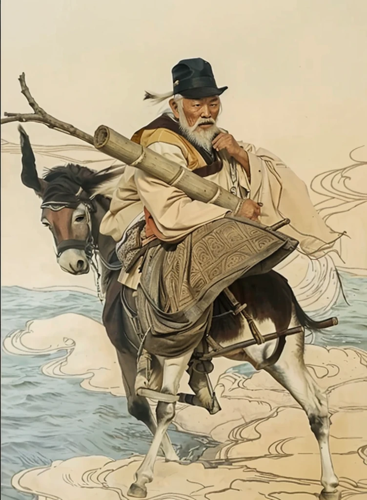 a chinese old man touching his white beard and riding a donkey, holding a bamboo with a Y stick inside the bamboo, donkey walk on cloud, ocean background,
