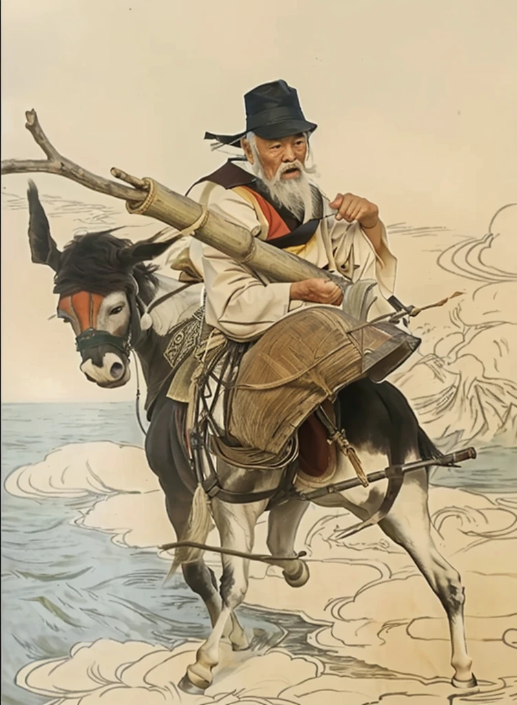 a chinese old man touching his white beard and riding a donkey, holding a bamboo with a Y stick inside the bamboo, donkey walk on cloud, ocean background, 