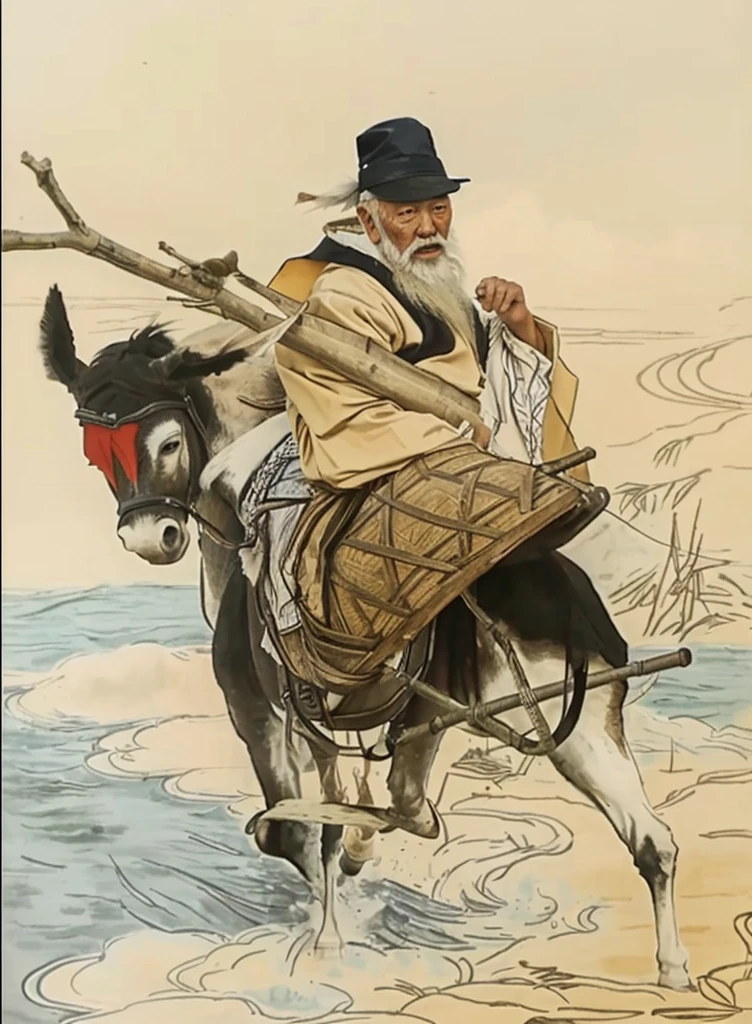 a chinese old man touching his white beard and riding a donkey, holding a bamboo with a Y stick inside the bamboo, donkey walk on cloud, ocean background,