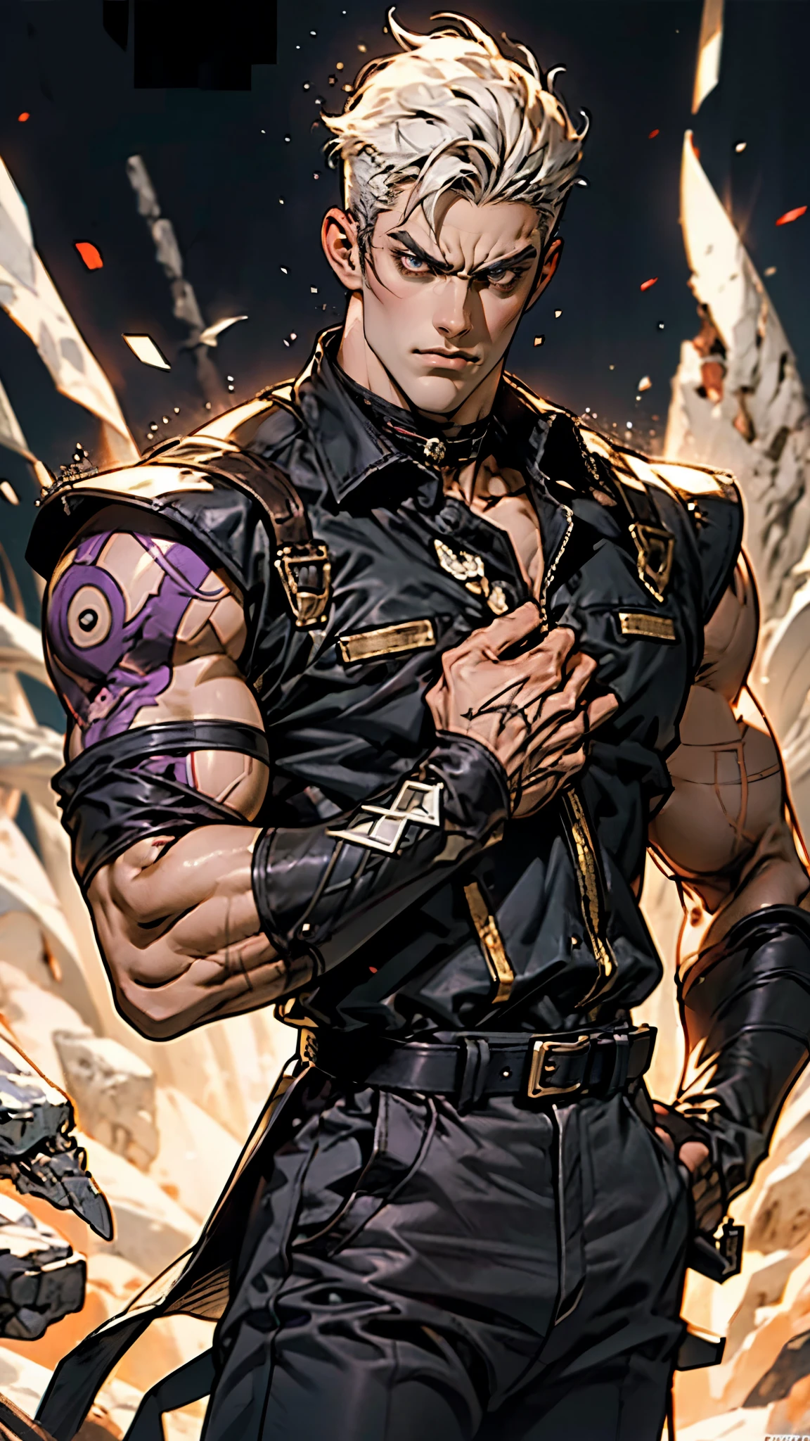 A young man with short gray hair, completely white skin, pale skin, resolute eyes, handsome face, serious expression, a metal collar around his neck, his upper body is bare, a slender yet muscular build, a purple demon tattoo is on his left shoulder, a black and white belt, cloth trousers, emitting a purple aura, he stands in a mining valley, the ground around him glowing red and cracking open, this character embodies a finely crafted fantasy-style slave warrior in anime style, exquisite and mature manga art style, dramatic, high definition, best quality, highres, ultra-detailed, ultra-fine painting, extremely delicate, professional, perfect body proportions, golden ratio, anatomically correct, symmetrical face, extremely detailed eyes and face, high quality eyes, creativity, RAW photo, UHD, 32k, Natural light, cinematic lighting, masterpiece-anatomy-perfect, masterpiece:1.5