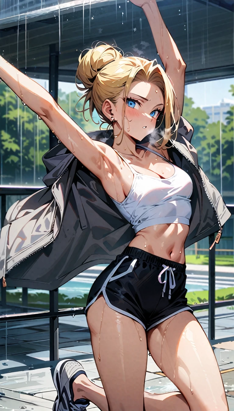 (masterpiece, best quality:1.2), full body, solo, Android 18 from Dragon Ball, ((white slip-on crop top)), ((black dolphin shorts)), (gray hooded jacket), thighs, midriff, small breasts, sweat, blonde hair, (single hair bun), ((blue eyes)), earrings on earlobes, slender feminine figure, narrow waistline, skinny body, long legs, University, running, rain, wet, sweating, cleavage, off shoulder, magnificent view, blur background, 4K, arms up, light blush, breath, gray new balance sneakers, outdoors, Open Plaza