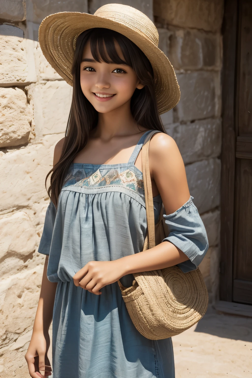 A four-color illustration with light and dark effects,
printed using an old printing method on textured traditional paper,
a beautiful and cute girl from an ancient civilization.
Beautiful and cute girl, smiling face, simple summer clothes, earth color clothes, natural color hat, small bag, bare shoulders, casual hairstyle, Bluish grey eyes, Slightly brown skin