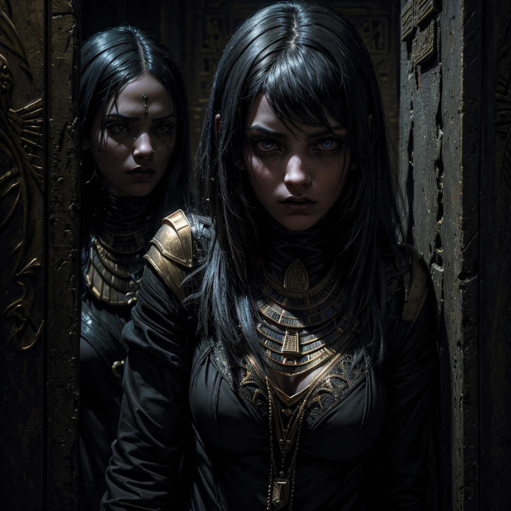 a dark gothic girl, scared expression, asking for help, chased by egyptian mummy, inside egyptian tomb, hieroglyphics on walls, (best quality,4k,8k,highres,masterpiece:1.2),ultra-detailed,(realistic,photorealistic,photo-realistic:1.37),dark fantasy,dramatic lighting,moody atmosphere,intricate details,rich colors,cinematic composition