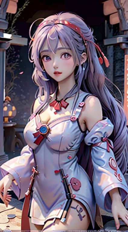 (Highest quality:1.4), High resolution, masterpiece,, One girl,, Light purple hair, Purple eyes, (Kemomimi), Medium chest, Naked thin thighs,, hair ornaments, (red|White Japanese shrine maiden outfit), Removable sleeves,, red面,, lanthanum, shrine,, Detailed face,