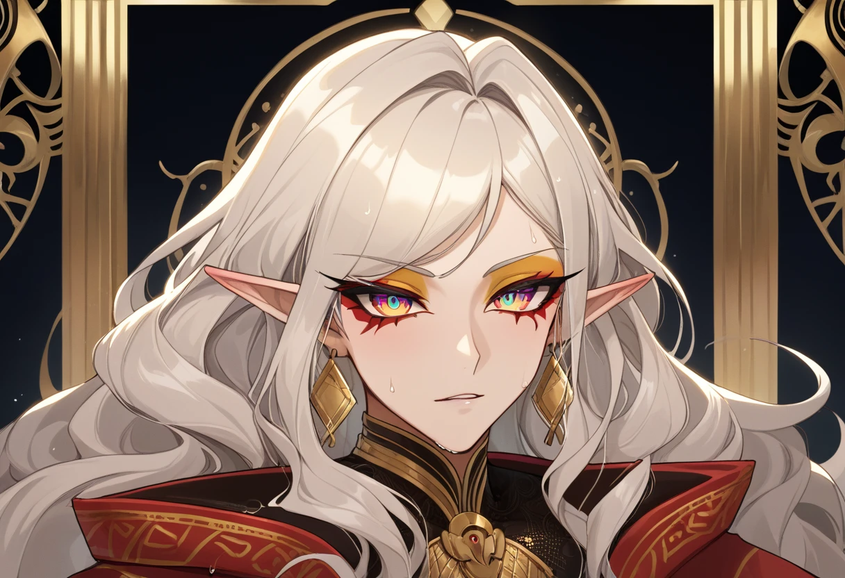 (yellow skin 1.8), (deep yellow skin), (masterpiece),(highest quality),highres, (extremely detailed), ultrahires, dunmer, altmer, male, pretty boy, anime guy, anime boy, dollish eyelashes, (bespectacled), (elegant eyeglasses 1.3), long wavy hair, portrait, matador, delicate lace, richly patterned brocade, smoky eyes, egyptian eyeliner, ostentatious brocade robes, glamorous, gorgeous, stunning eyes, jewelry, veils, golden skin, dewy skin, bjd, glossy eyelids, wet eyeshadow, vibrant, pointy chin, v shaped jaw, domineering, proud, slender, high elf, curly hair,