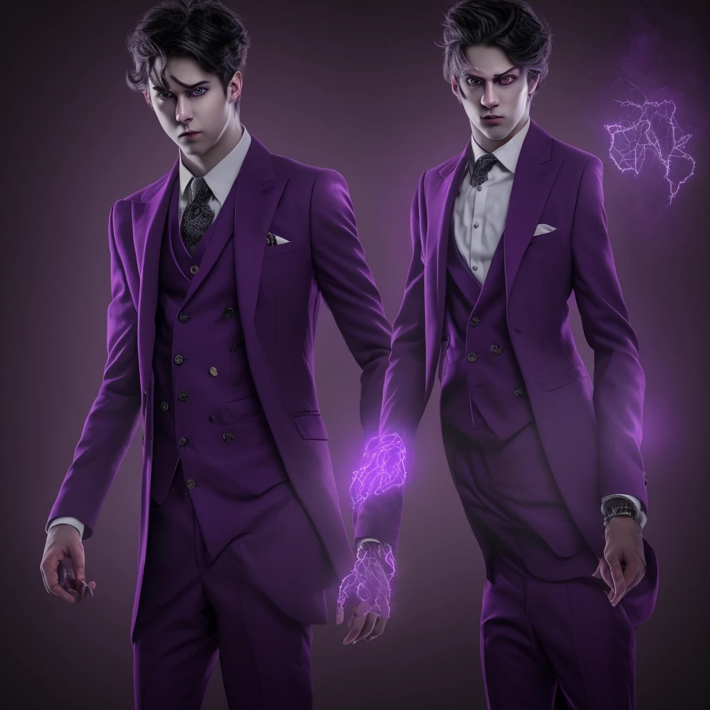 A cartoon character on purple suit with lighting coming out of his chest on full body eyes are red and darkpurple effects coming out of his eyes make that anime character