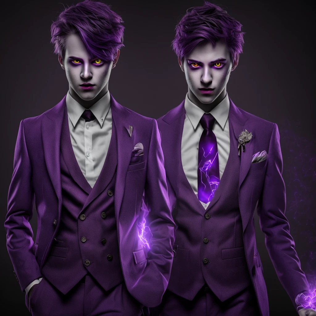 A cartoon character on purple suit with lighting coming out of his chest on full body eyes are red and darkpurple effects coming out of his eyes make that anime character 