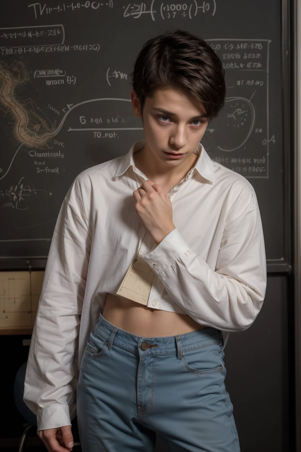 A young, cute, beautiful male twink with black hair, wearing a luxurious, bright white, long-sleeved shirt and jeans. He is in his office, and behind him is a blackboard with a mental map of calculus written on it. He looks in amazement and shock, and his eyes have dark circles under them.