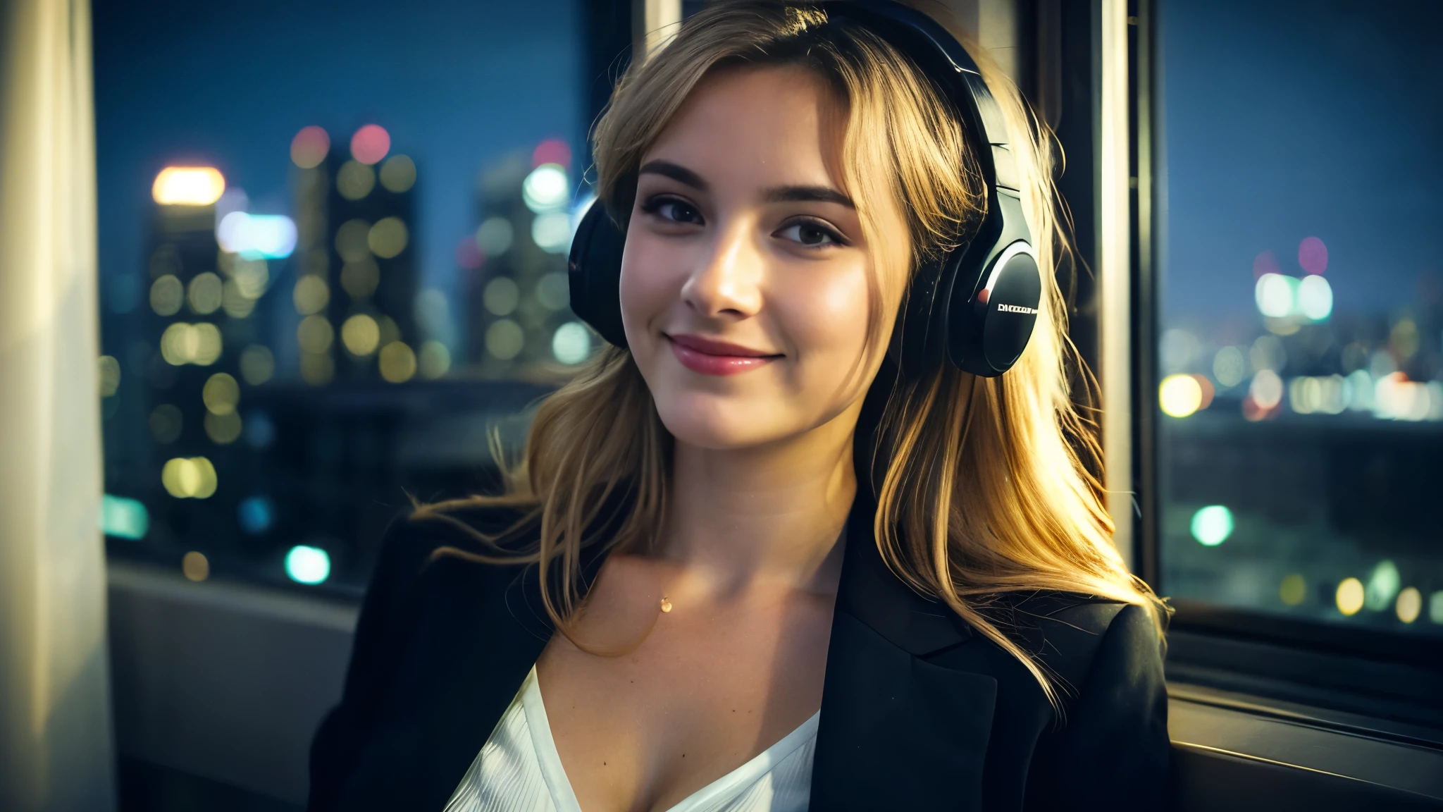 Beautiful blonde with big breasts in a black suit (Big city at night、View of the big city from inside the room),Wearing headphones,Very detailed, 21 years old, Innocent face, Naturally Wavy Hair, blue eyes, High resolution, masterpiece, Highest quality, Intricate details, Very detailed, Clear focus, Delicate skin, practical skin texture, texture, Delicate eyes, Professional, 4K, Cute Smile, Shot with Canon, 85mm, Shallow and deep, Kodak Vision Color, Exactly, Very detailed, photograph_\(Extremist\), photographpractical, practical, Post-processing, Maximum details, Roughness, Real Life, Extremist practical, Photorealism, photographgraphy, 8K Ultra HD, photographgraphy
